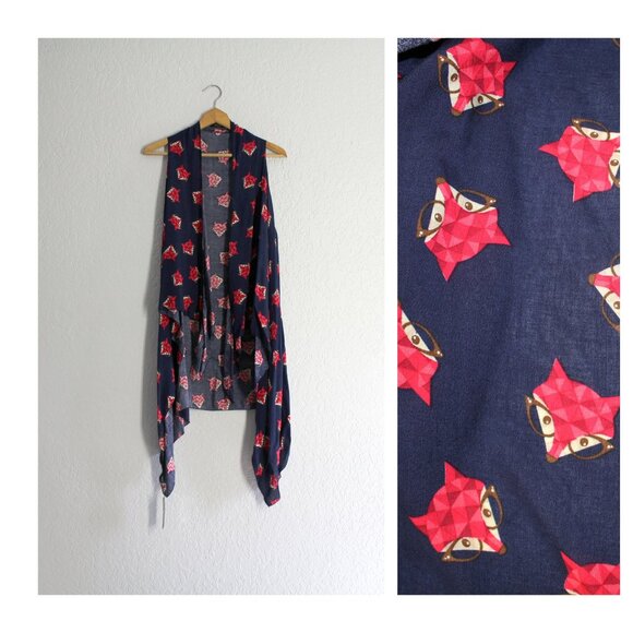 Fashion Vest Shawl navy cute pink fox print Sleeveless layer top OS one size - Picture 1 of 9